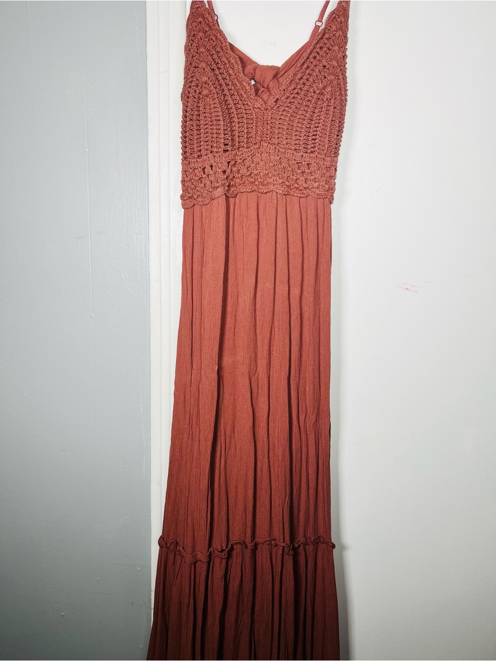 indulge Rust Crochet-Top Maxi Dress